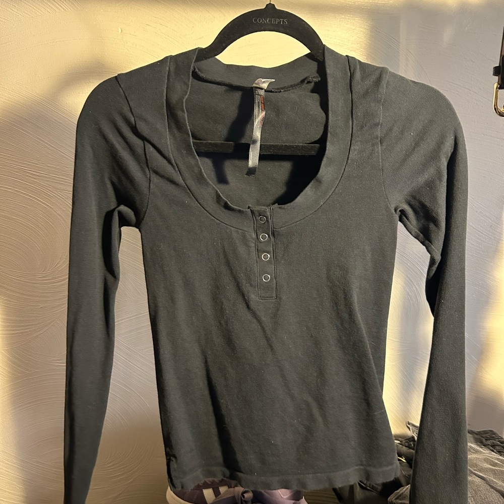 Free People Black Henley Women's Top
